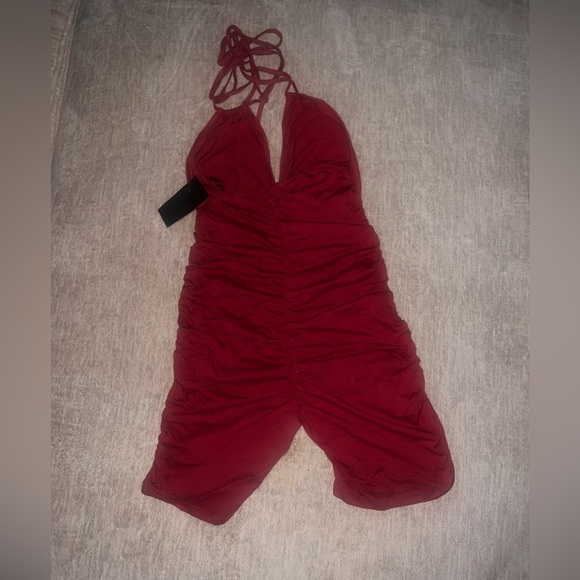 Red Halter Ruched Unitard - Picture 3 of 5